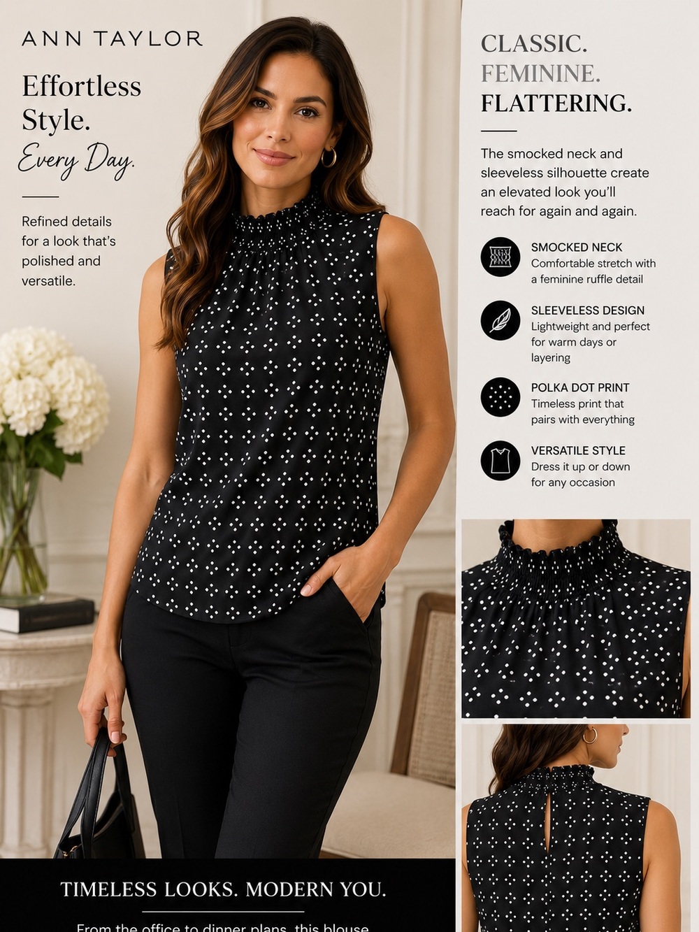 Ann Taylor Black Sleeveless Smocked-Neck Polka Dot Blouse